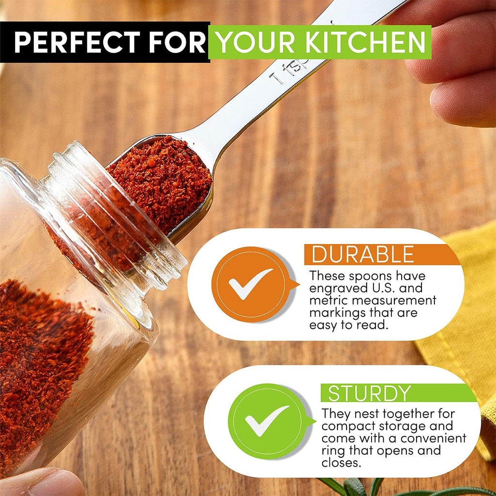 Spring Chef Stainless Steel Measuring Spoons Set of 7 with Leveler, Rectangular Metal Teaspoon & Tablespoon Measuring Spoons for Dry & Liquid Ingredients - Nesting Kitchen Gadgets For Baking & Cooking