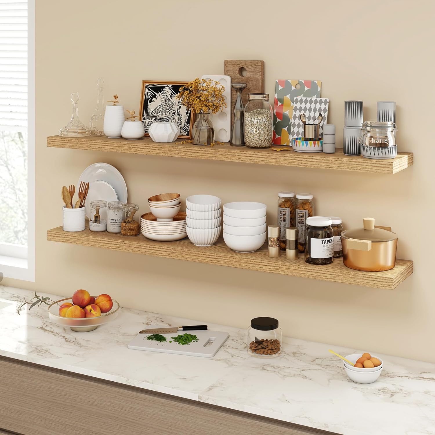 55 Inch Floating Shelves, 9.3" Deep Floating Shelf Wall Mounted, 56" Wall Shelves, Rustic Deep Bookshelf, Large Display Shelves & Storage Shelves for Bedroom, Living Room, Light Brown, Set of 1