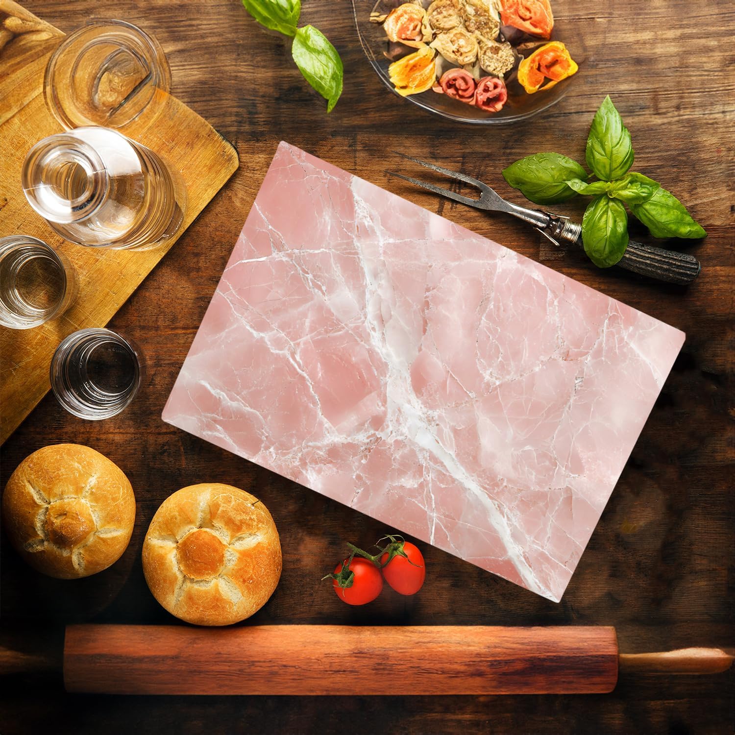 White Pink Rose Quartz Agate Marble Kitchen Glass Cutting Board Ocean Decorative Gift Marbled Granite Stone Rock Gift For Her Mom Wife (White Pink)