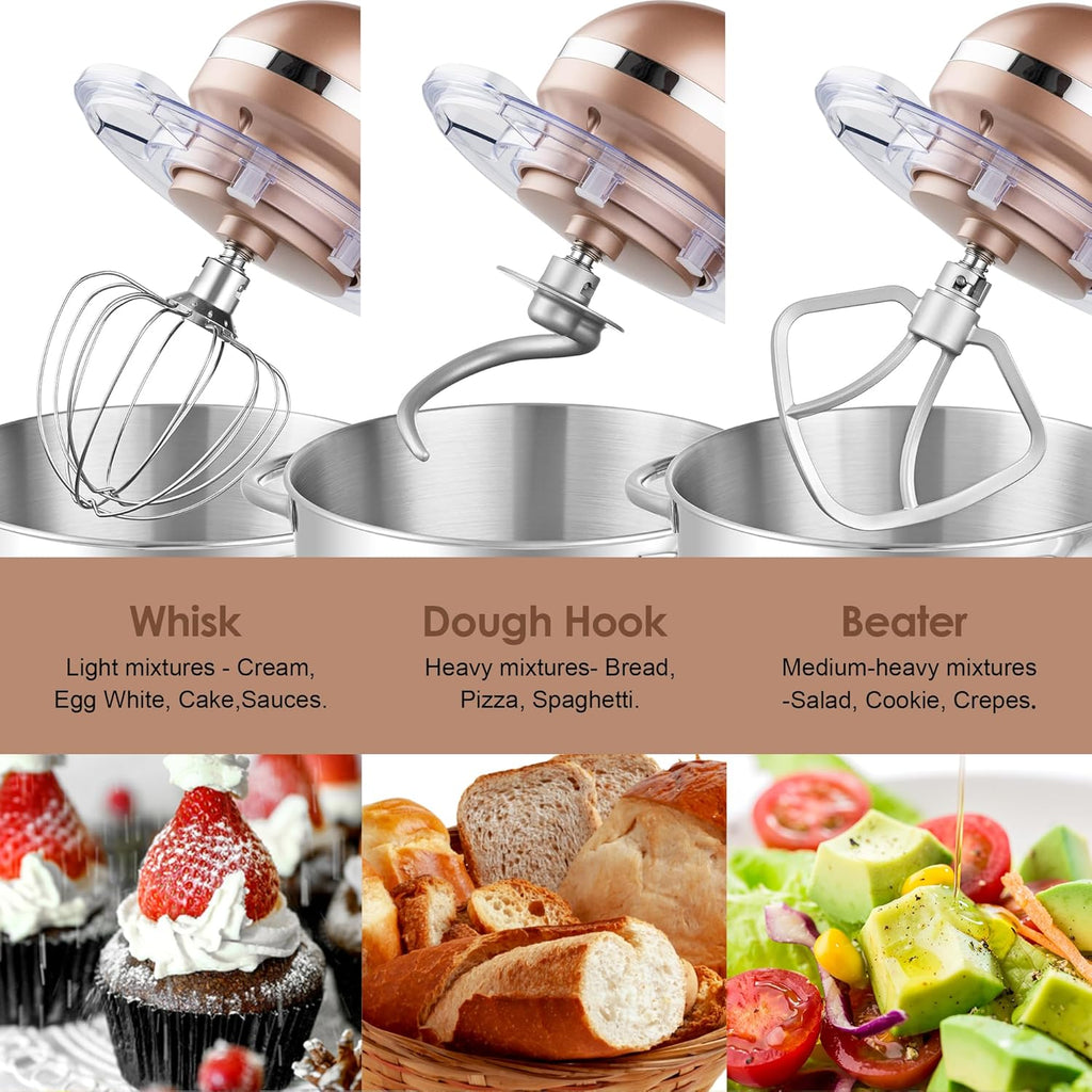 Aucma Stand Mixer,6.5-QT 660W 6-Speed Tilt-Head Food Mixer, Kitchen Electric Mixer with Dough Hook, Wire Whip & Beater (6.5QT, Champagne)