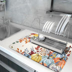 Giwawa Fall Dish Drying Mat for Kitchen Countertop, Watercolor Autumn Teal Blue Orange Pumpkins Floral Dish Drainer Mats, Thanksgiving Harvest Absorbent Dish Drying Pad Decor, 18x24 inch Large