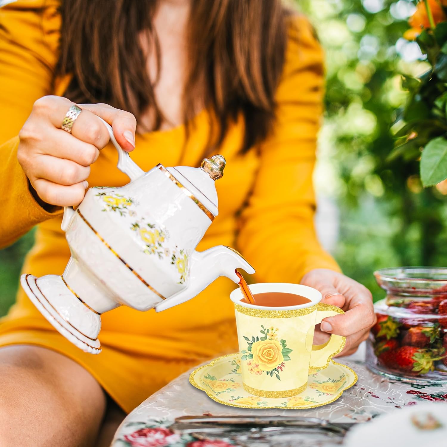 24 Sets Floral Paper Tea Cups and Saucers Disposable Tea Party Supplies Colorful Flower Teacups with Handle and Plates for Hot Cold Drink Wedding Birthday Party Baby Shower