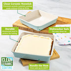 Tasty Clean Ceramic Square Cake Pans Set, 2-Pack of 9-Inch Cake Pans, Durable Aluminized Steel for Professional Results, Clean Ceramic Nonstick Coating, Oven Safe to 425°F, Dishwasher Safe, Aqua