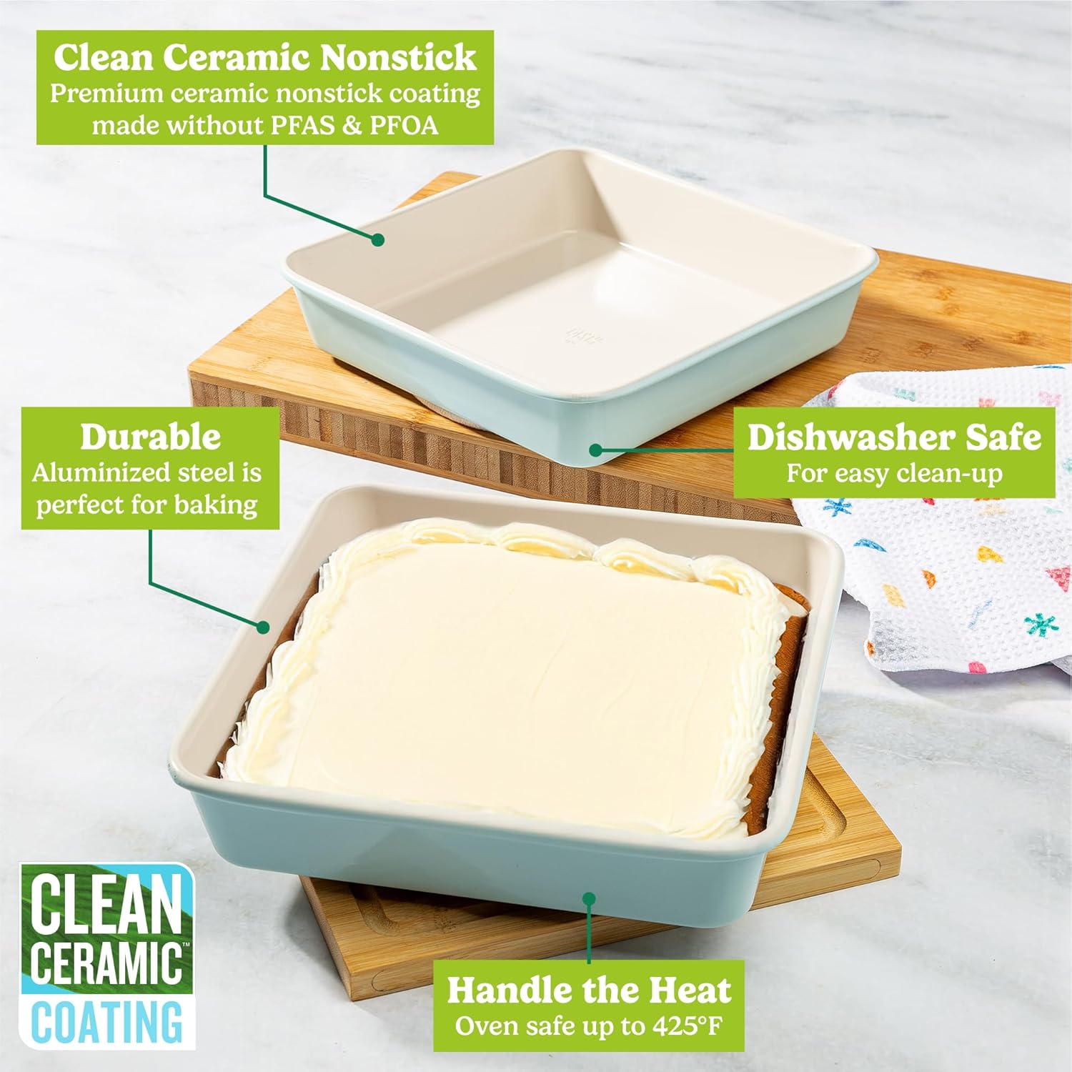Tasty Clean Ceramic Square Cake Pans Set, 2-Pack of 9-Inch Cake Pans, Durable Aluminized Steel for Professional Results, Clean Ceramic Nonstick Coating, Oven Safe to 425°F, Dishwasher Safe, Aqua