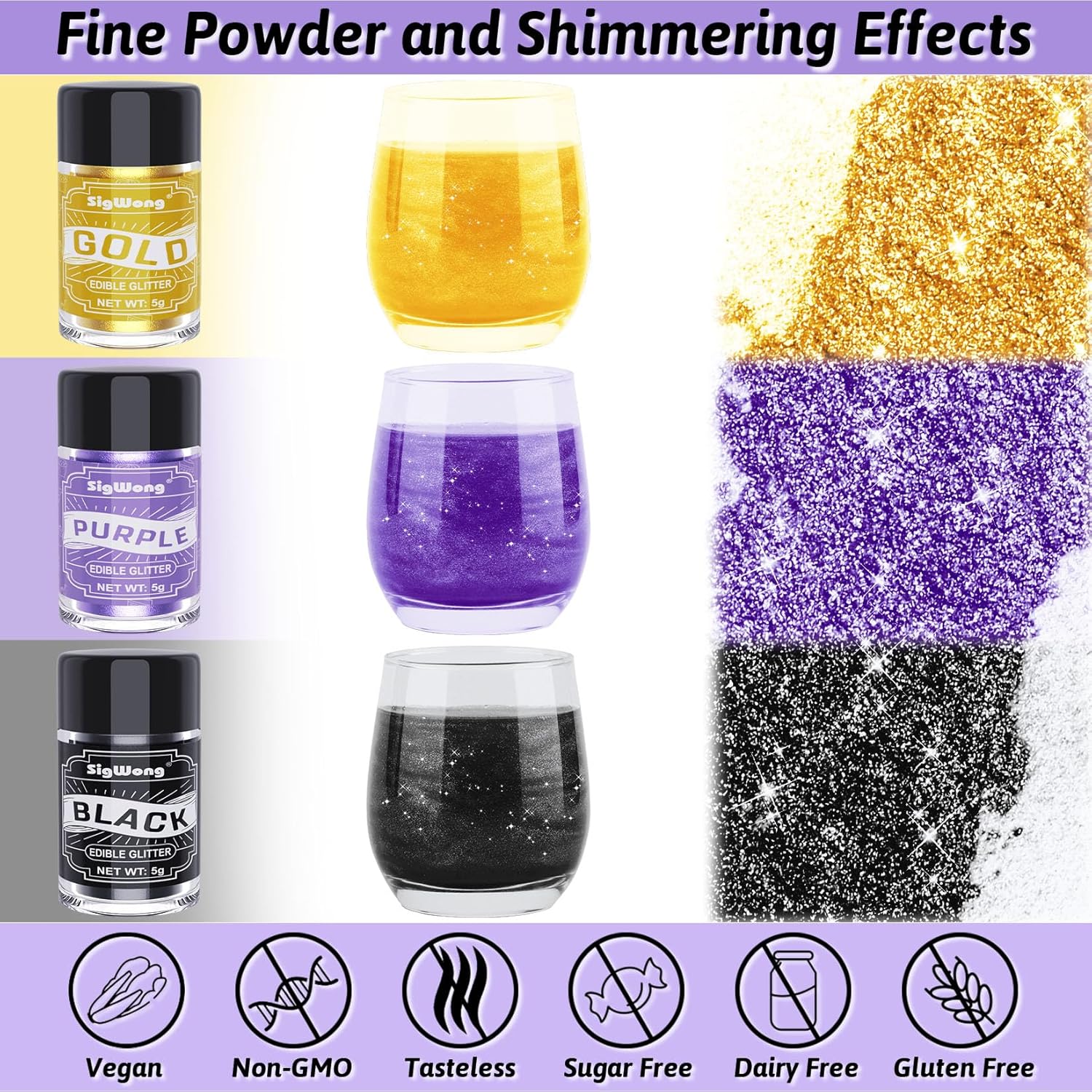 Edible Glitter Set, 3 Colors Luster Dust Edible Glitter, Food Grade Metallic Food Decorating Sprinkle Dust for Drinks Wine, Powder Glitter for Fondant, Chocolate, Candy, Cookie, 5g/0.18oz, Vegan