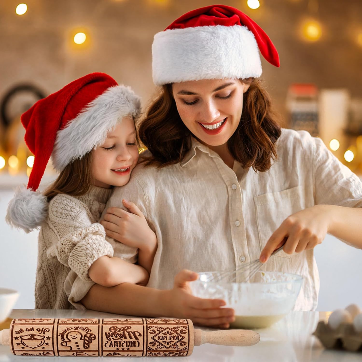 17" Premium Wood Rolling Pin with XMAS Embossed Designs | 3mm Deep Springerle Cookie Molds | Christmas Rolling Pin & Baking Gifts for Women | Includes 3-in-1 Cleaning Brush