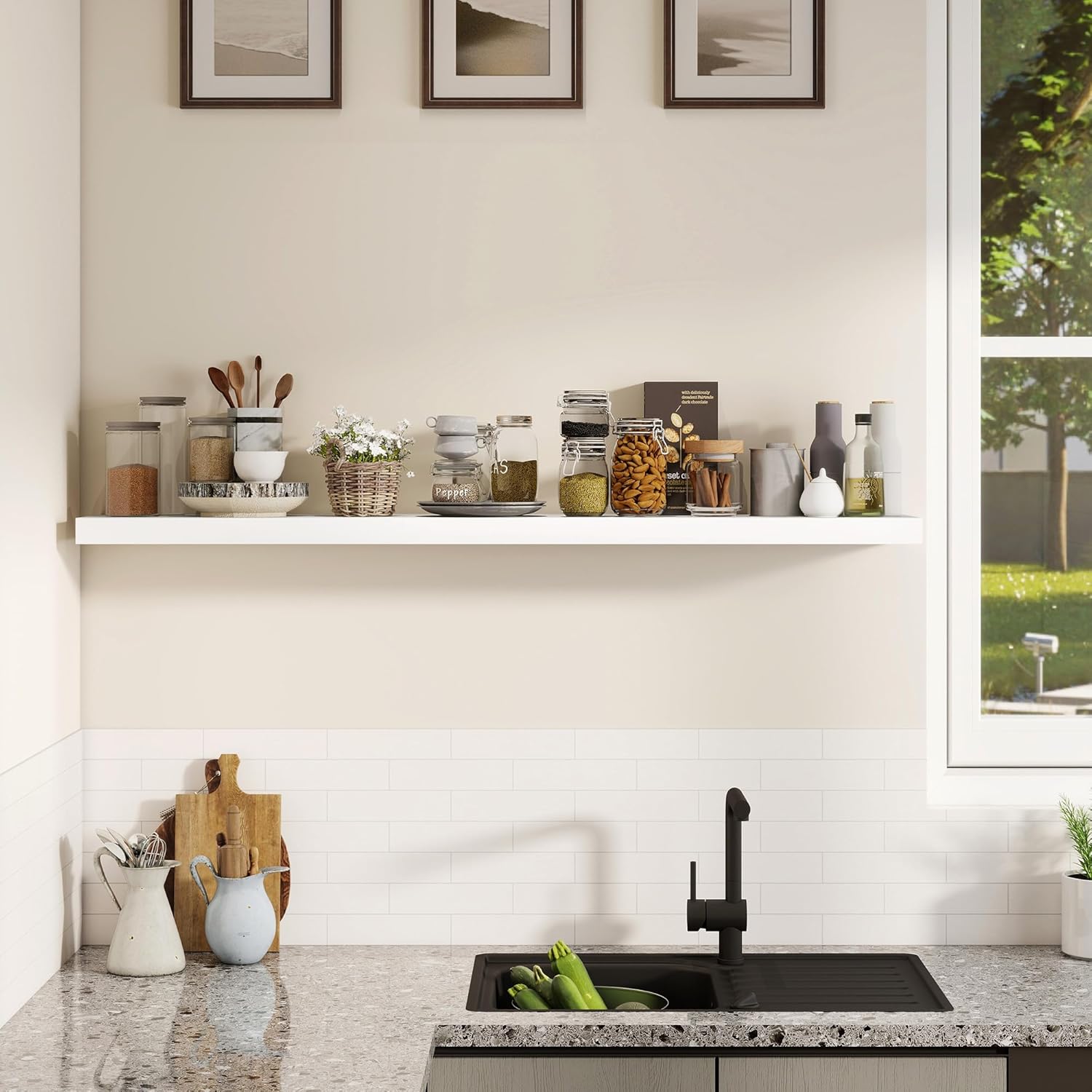 Fun Memories Rustic Real Wood Floating Shelves, 8 Inch Deep Floating Shelf Wall Mounted, 48" W x 8" D Wall Shelves Storage Shelves for Living Room, Bedroom, Bathroom, White Finish, Set of 1