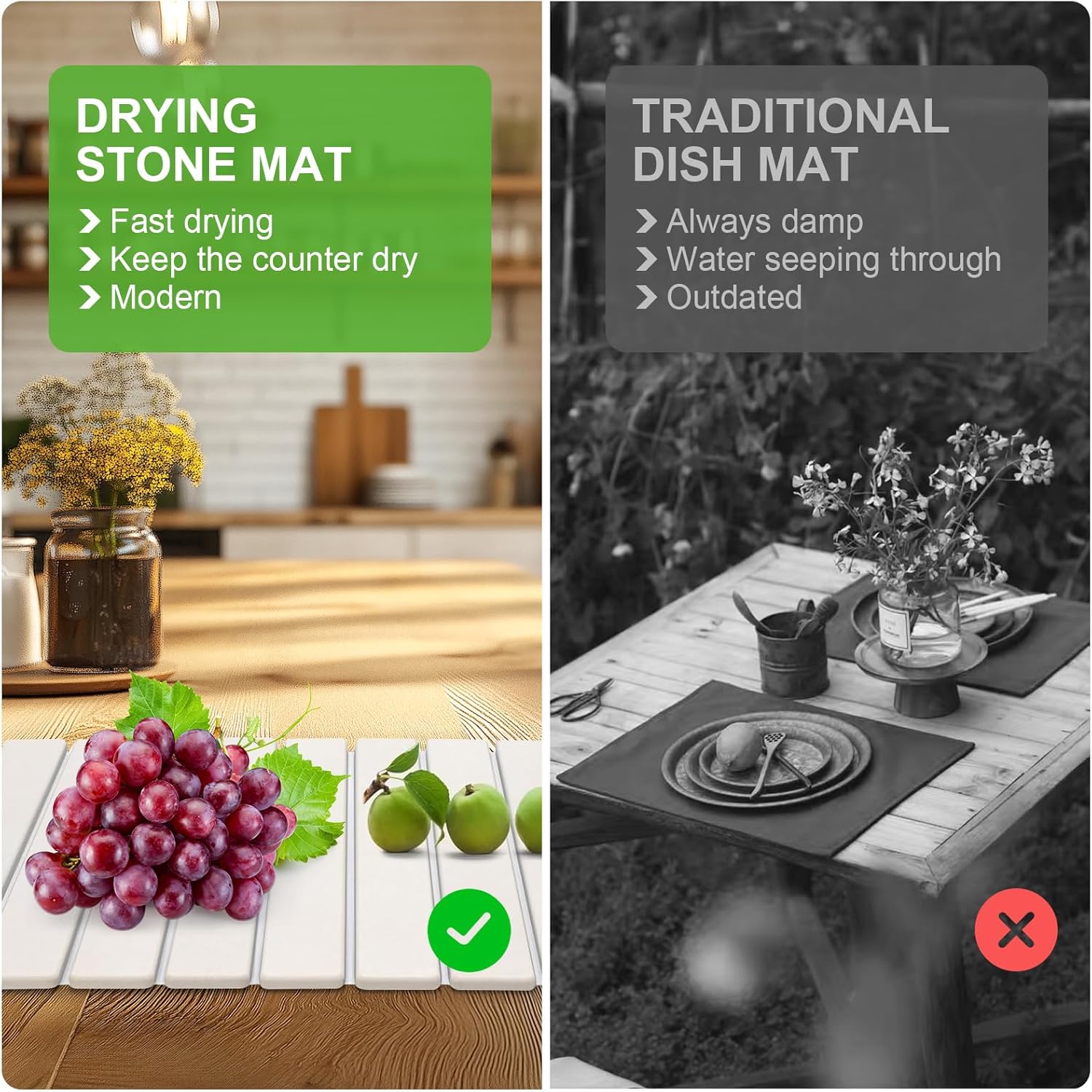 Large Stone Dish Drying Mats for Kitchen Counter, 24"×16", Collapsible quick dry stone mat kitchen, Eco-Friendly, Absorbent Diatomaceous Earth Mats for Dishes Bottles Cups, Match Any Countertop