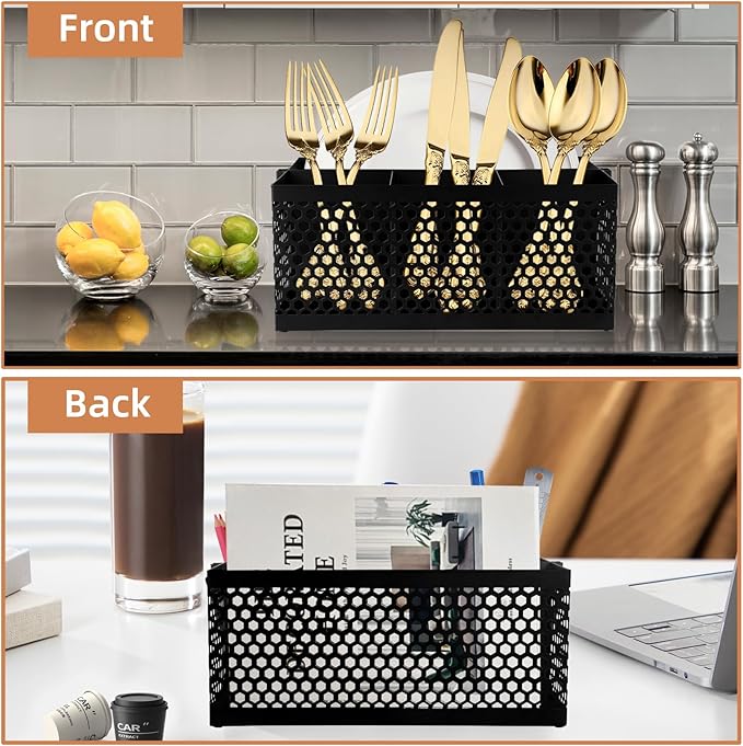 Utensil Caddy With Handle - Silverware and Napkin Holder for Party, Picnic, Countertop, Camping - Metal Cutlery Organizer in Black