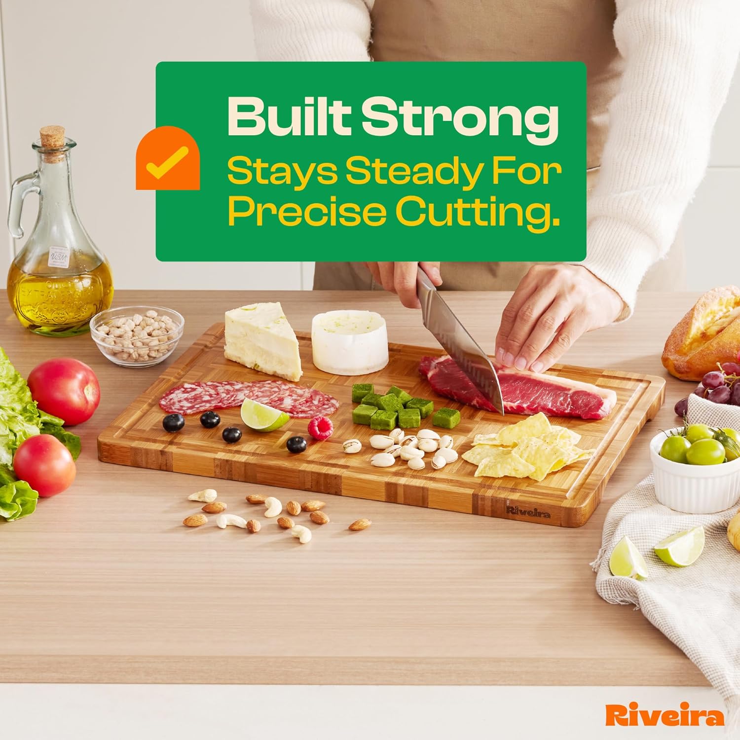 Riveira Bamboo End Grain Wood Cutting Board – Gourmet Bamboo Grandeur: 18 x 12 Wooden Cutting Board – Wooden Cutting Boards For Kitchen Decorative – Innovative Juice Grooves