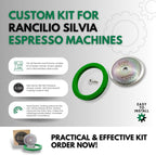 Custom Tune Up Kit 3in1 for Rancilio Silvia. IMS Nanotech Reinforced Screen SRT200NT, Cafelat Gasket - Green, Flat Screw