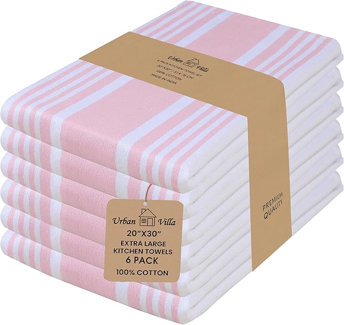 Urban Villa Kitchen Towels 100% Cotton Dish Towels for Kitchen (Set of 6) 20”x30” Dish Cloths Highly Absorbent Kitchen Linen Set with Hanging Loop Perfect for Drying Dishes Cleaning Towels-Pink White