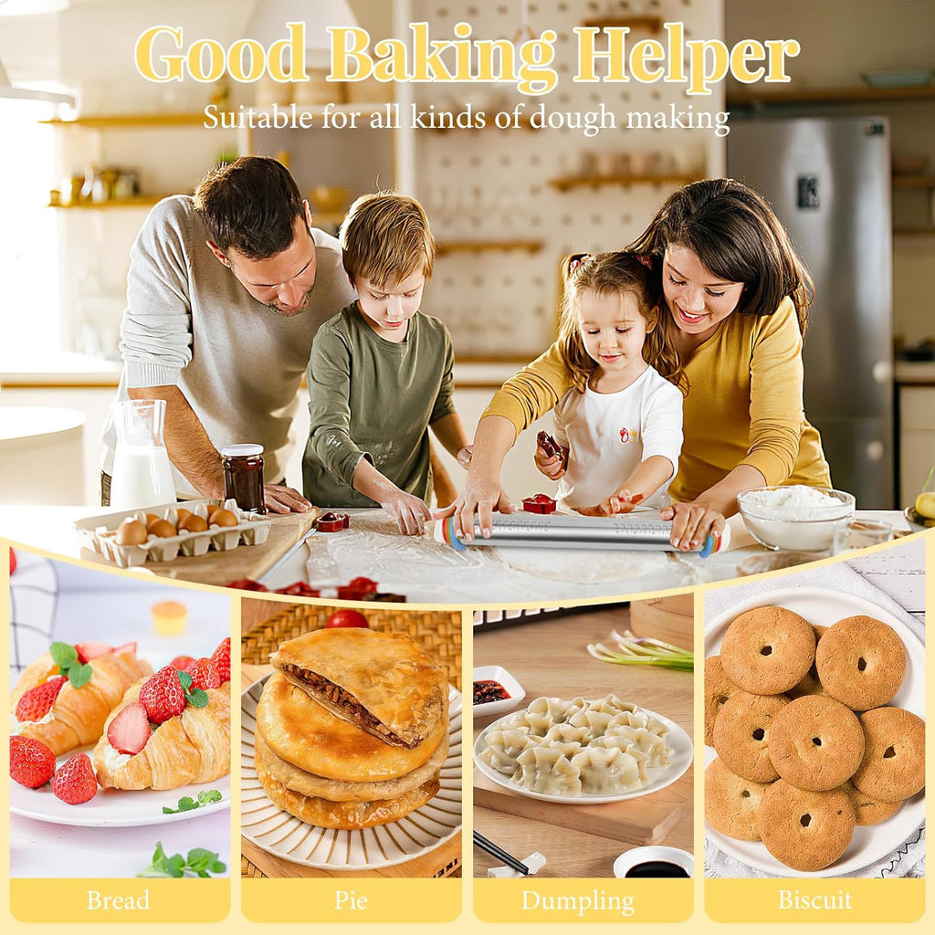 Adjustable Rolling Pin with 4 Thickness Rings for Baking, 17” Stainless Steel Dough Roller with Clear Measurement Markings for Pizza, Fondant, Pie, Cookies, Baking Supplies, Pastry, Pasta