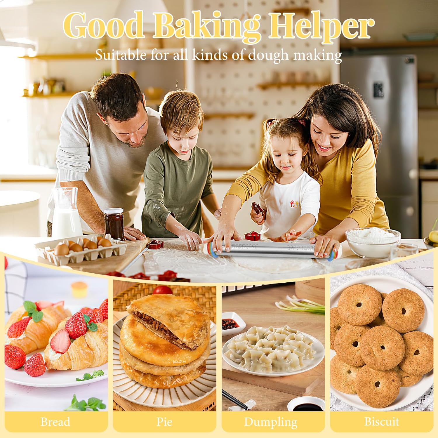 Adjustable Rolling Pin with 4 Thickness Rings for Baking, 17” Stainless Steel Dough Roller with Clear Measurement Markings for Pizza, Fondant, Pie, Cookies, Baking Supplies, Pastry, Pasta