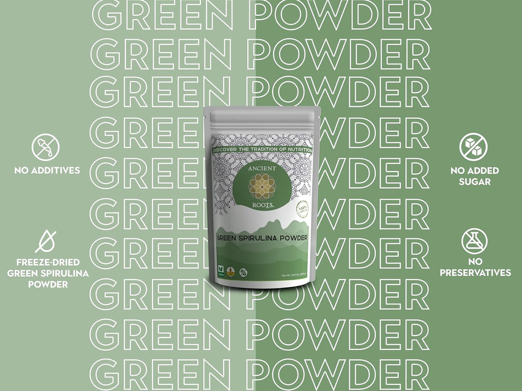 Ancient Roots Green Spirulina Powder - Freeze-Dried, All-Natural, No Sugar Added, Mix with Smoothies, Natural Food Coloring, Resealable Pouch - 10.5 Ounces (75 Servings)
