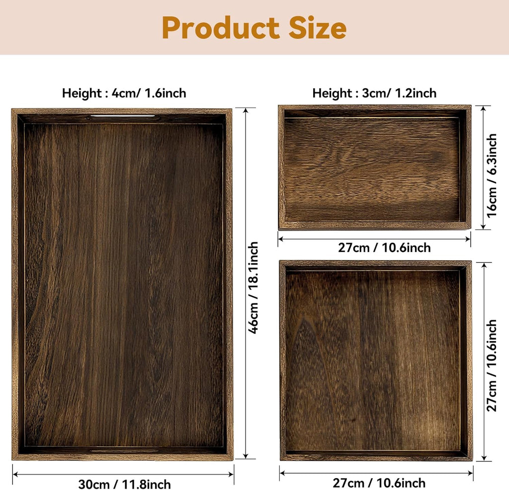 Rustic Wooden Serving Trays with Handle, Serving Platters, Charcuterie Board Set of 3 Nesting Food Trays for Serving Food, Home Decor/Breakfast/Coffee Table/Butler/Ottoman/Bed Tray
