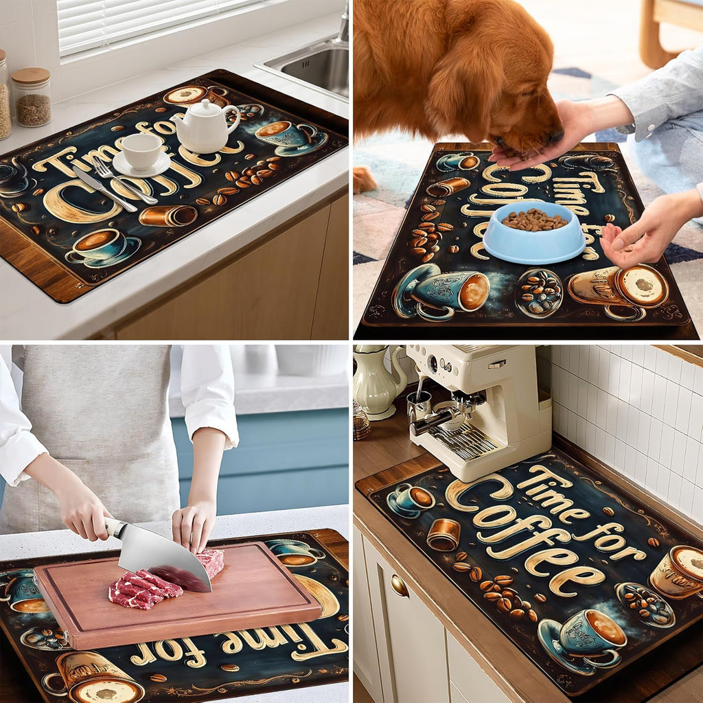17"x 32" Coffee Bar Mat, Coffee Time Absorbent Dish Drying Mat Cuttable Hide Stain Draining Table Pad for Kitchen Counter, Coffee Bar Accessories