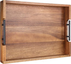 Joy&Grace Ottoman Tray for Living Room 16.7 x 12.8 inch Large Acacia Wooden Serving Tray with Handles for Coffee Table, Breakfast in Bed, Food Dinner, Decorative Rectangular Tray (Color Natural)