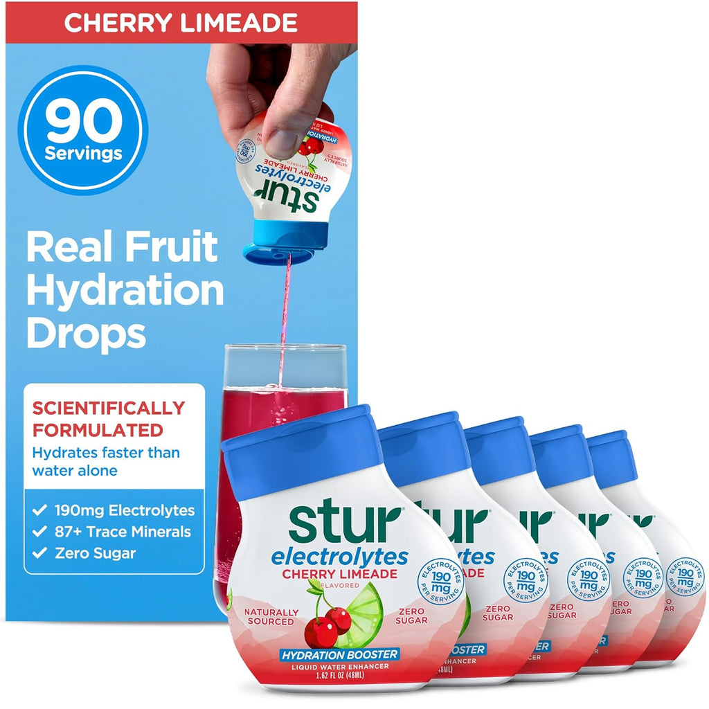 Stur Electrolyte Water Enhancer | Sweetened with Stevia | High in Vitamin C & Antioxidants | Sugar Free | Zero Calories | Keto | Vegan | 5 Bottles, Makes 90 Drinks (Cherry Limeade)
