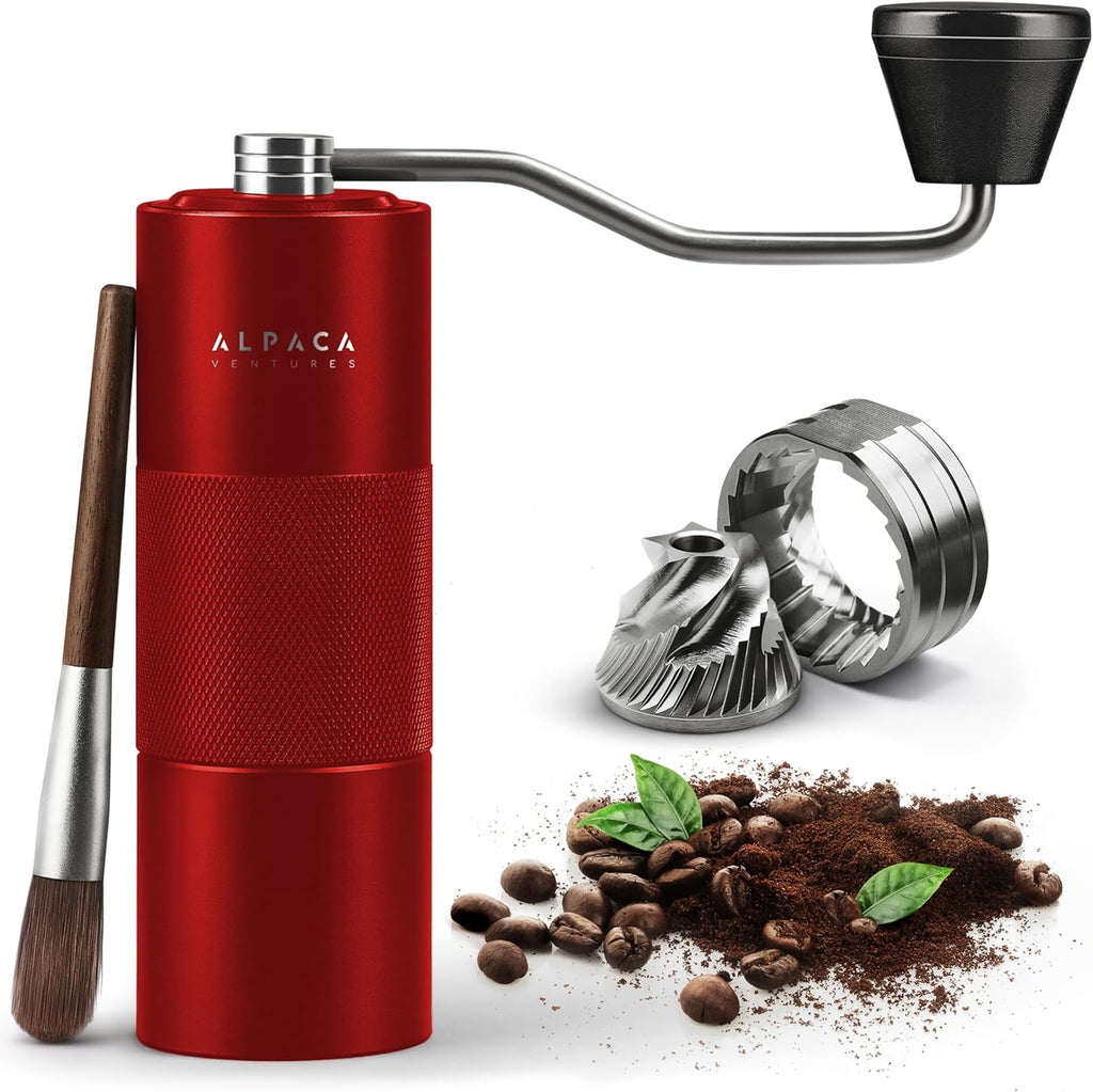 Manual Coffee Grinder by Alpaca Ventures - Stainless Steel Conical Burr Coffee Grinder Manual with Adjustable Setting Double Bearing Hand Espresso Grinder Perfect for Home, Office and Camping