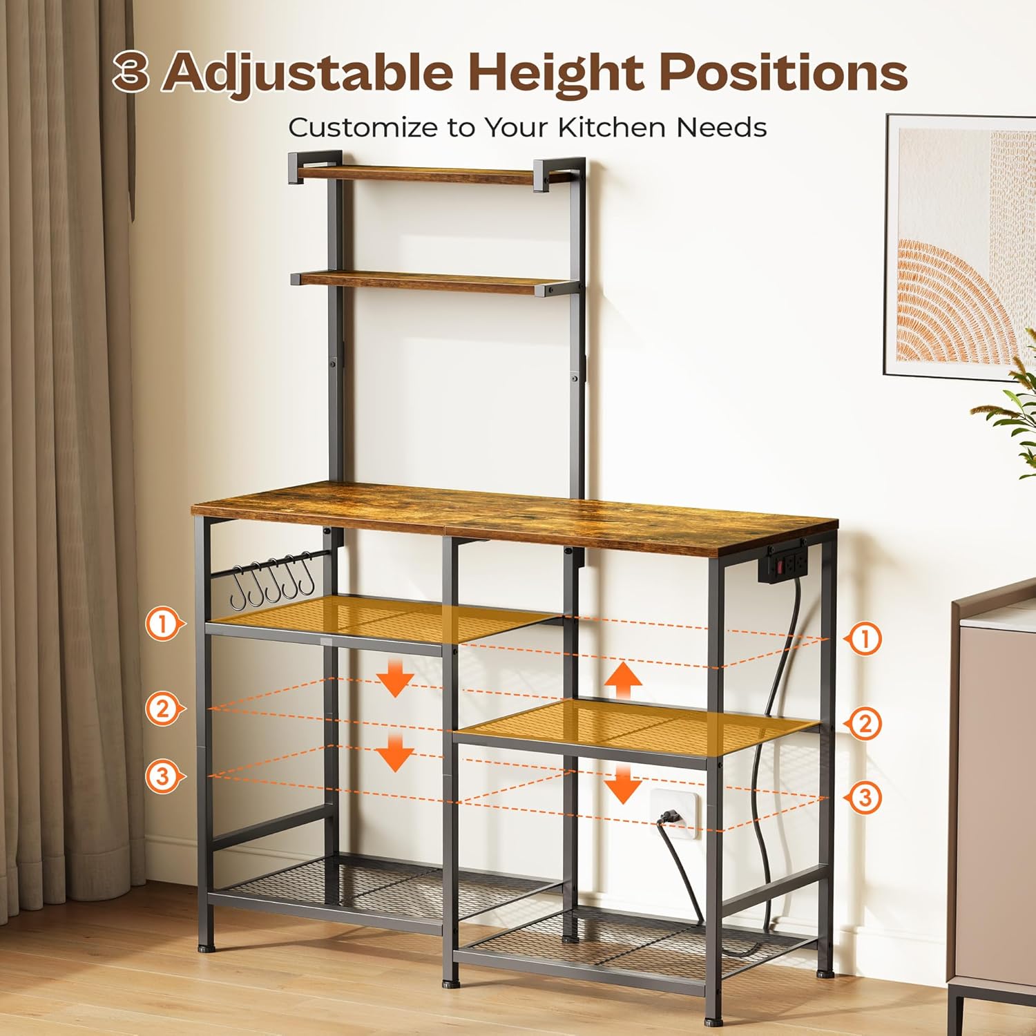 Huuger 39.4 Inch Bakers Rack with Power Outlets, Kitchen Microwave Stand with Storage, Coffee Bar with 4 Hooks, 3-Level Height Open Shelves, Retro Brown