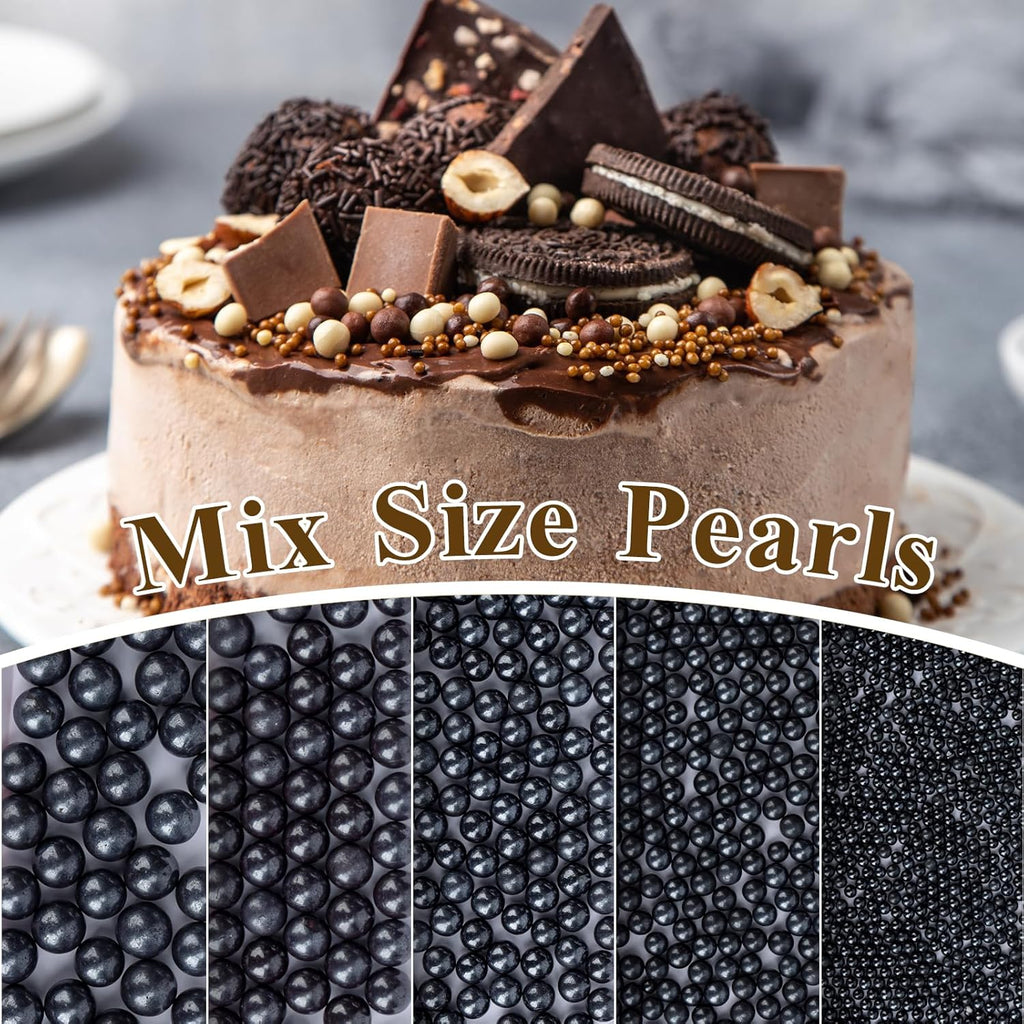 Twisweet Black Pearl Sprinkles for Cake Decorating, Edible Sugar Pearls for Baking, Mix Size, Cake Topper Cupcake Cookie Ice Cream Dessert Decorations, Halloween Birthday Christmas Supplies (130g/4.58oz)