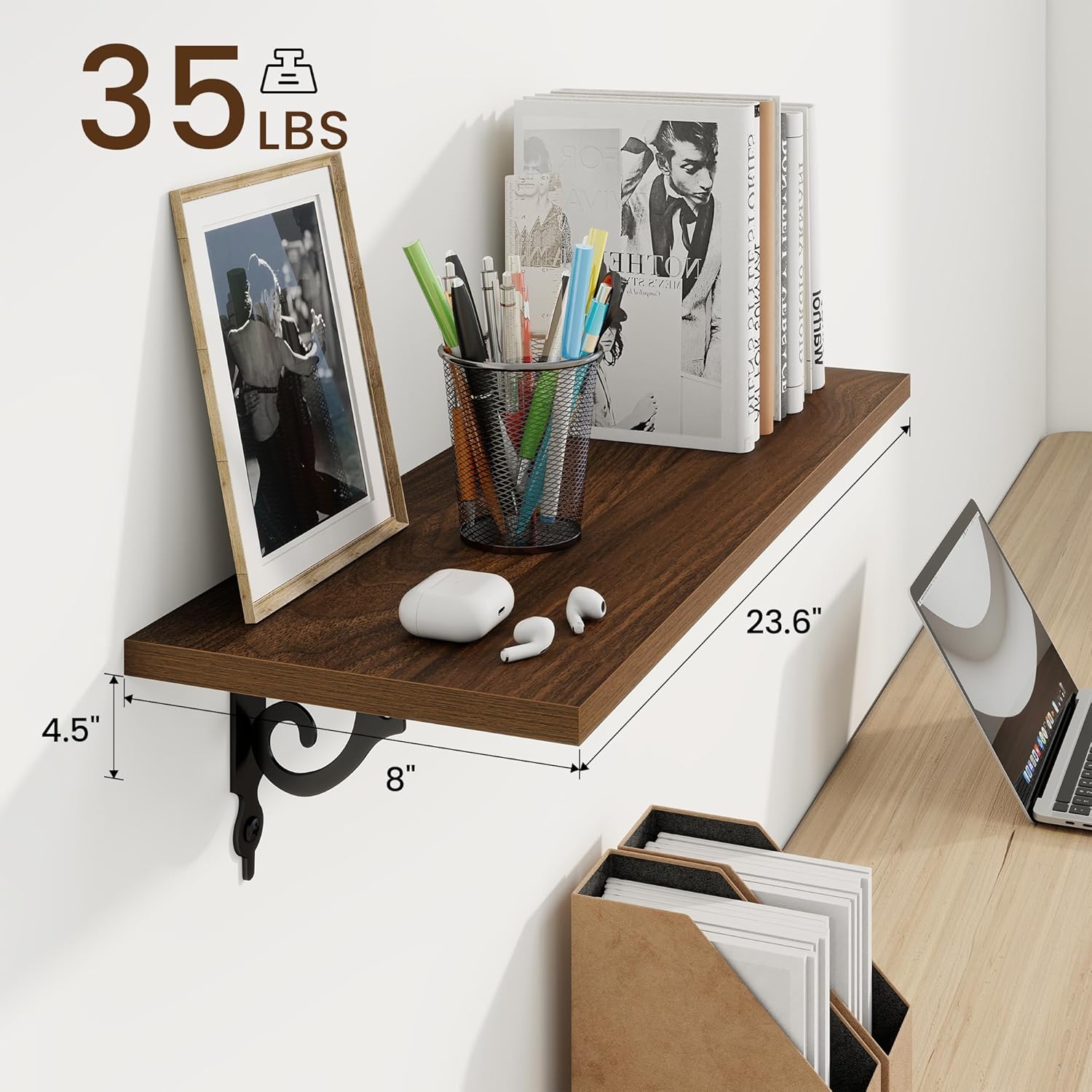 RICHFOCUS Floating Shelves for Wall Decor, 24Inch Wall Shelves Set of 2, 24W x 8D Floating Shelves Wall Mounted with Metal Brackets, Rustic Wood Shelves for Living Room Bedroom Kitchen, Walnut