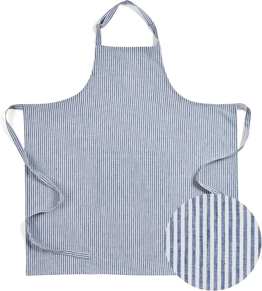 Solino Home 100% Pure Linen Apron for Women & Men - Navy and White Stripe Full Midi Bib Apron, Adjustable Neck Strap with Center Pockets for Kitchen, Chef - Handcrafted from European Flax