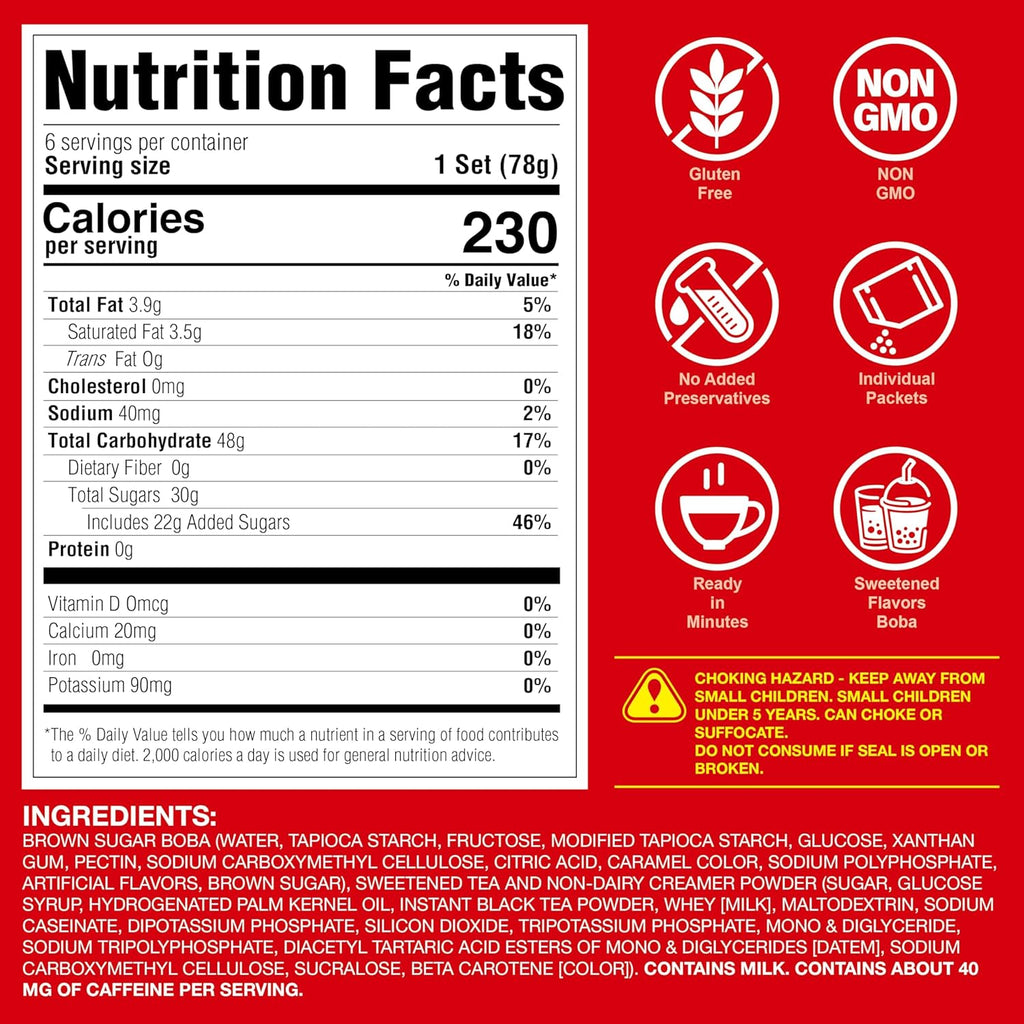 J WAY Instant Boba Bubble Pearl Milk Tea Kit with Authentic Brown Sugar Tapioca Boba, Ready in Under One Minute, Paper Straws Included - 6 Servings