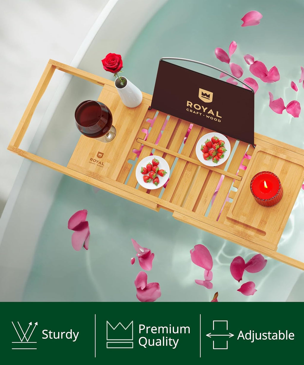 ROYAL CRAFT WOOD Premium Foldable Bathtub Tray Caddy - Wood Bath Tray for Tub, Bamboo Shelf, Expandable Bath Table Trays, Bathtub & Bathroom Accessories for New Home & Mothers, Birthday Gifts for Mom
