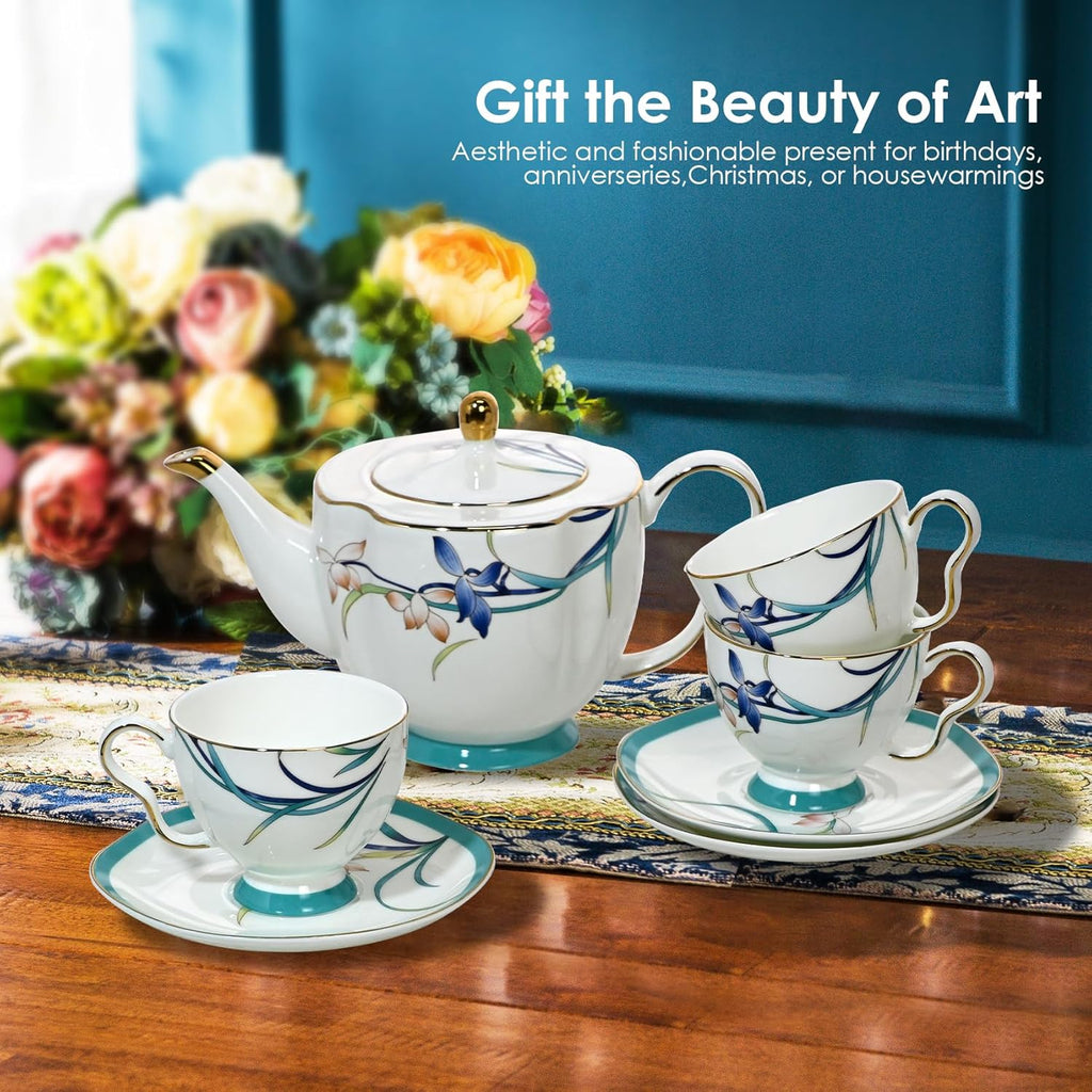 ACMLIFE Tea Cups and Saucers for 1, Bone China Teacup Set for Adults with Gold Trim and Gift Box, Blue and White Chinese English British Wedding Tea Set for One Coffee Cup Set 6.8 oz (Blue-Bamboo)