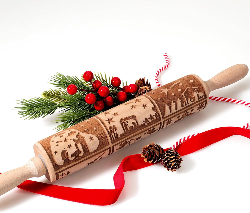 17" Premium Wood Rolling Pin with Nativity Embossed Designs | 3mm Deep Springerle Cookie Molds | Christmas Rolling Pin & Baking Gifts for Women | Includes 3-in-1 Cleaning Brush ﻿