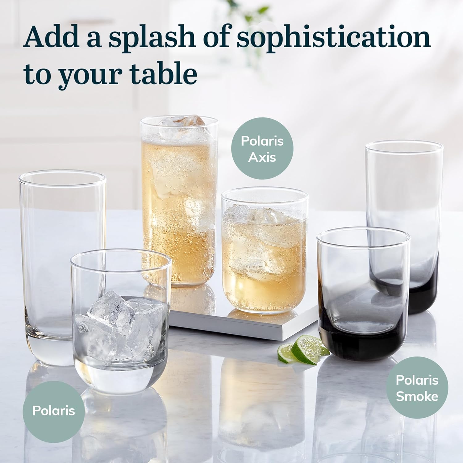 Libbey Polaris Tumbler and Rocks Glass Set, Smoke Hue Drinkware Glasses Set, Lead-Free Tall Water Glasses with Modern Clean Lines, Dishwasher Safe Drinking Glasses Set of 16
