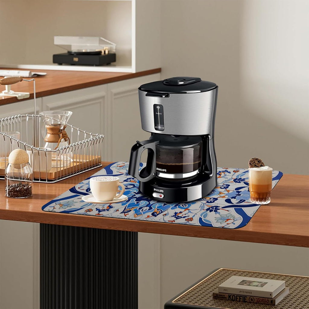 Dish Drying Mat Mandala Blue Floral Kitchen Mat 12"x19" Bsorbent Coffee Maker Mat for Dishes,Utensils Coffee Maker Pots and Pans Easy Clean Dish Slip Resistant Pad