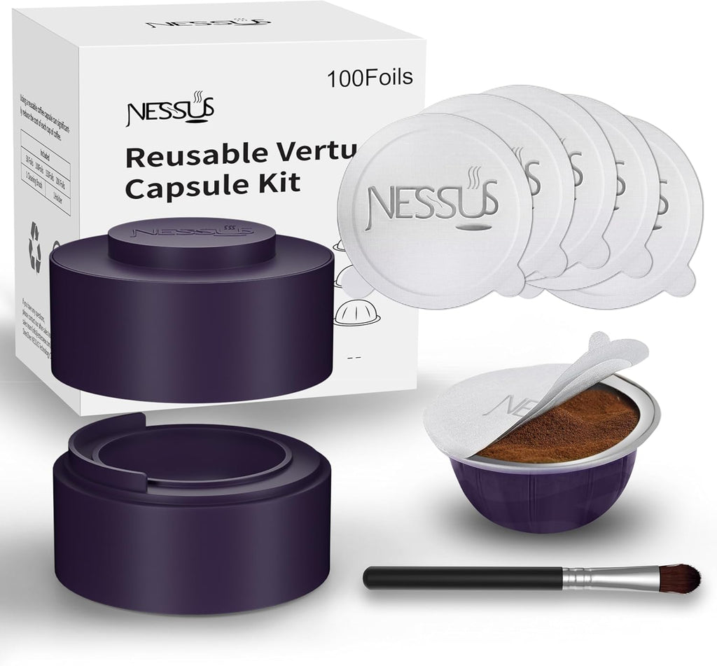 Nessus Reusable Vertuo Capsule Kit, [ALSeal EZ FIT] for Refillable Pods with 100 Pcs Aluminum Foil Seal Lids, Holder, Brush, for Refilling Vertuo Pods Reusable Vertuoline Pod(Purple)