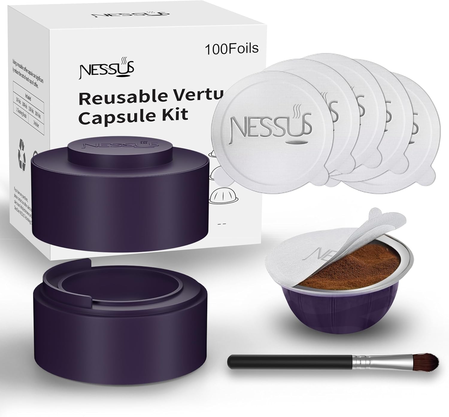 Nessus Reusable Vertuo Capsule Kit, [ALSeal EZ FIT] for Refillable Pods with 100 Pcs Aluminum Foil Seal Lids, Holder, Brush, for Refilling Vertuo Pods Reusable Vertuoline Pod(Purple)