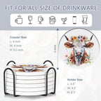 6 Pcs Coasters for Drinks with Holder, Highland Cows Flowers Absorbent Ceramic Coasters with Cork Base,Cute Funny Table Drinks Coasters Tabletop Protection Mat,Table Home Decor,4 Inches