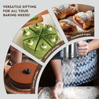 3-Cup Flour Sifter for Baking, Stainless Steel One-Hand Press Sifter with Double-Layer Fine Mesh - Includes Bonus Dough Scraper/Cutter for Bread & Pastry (White)