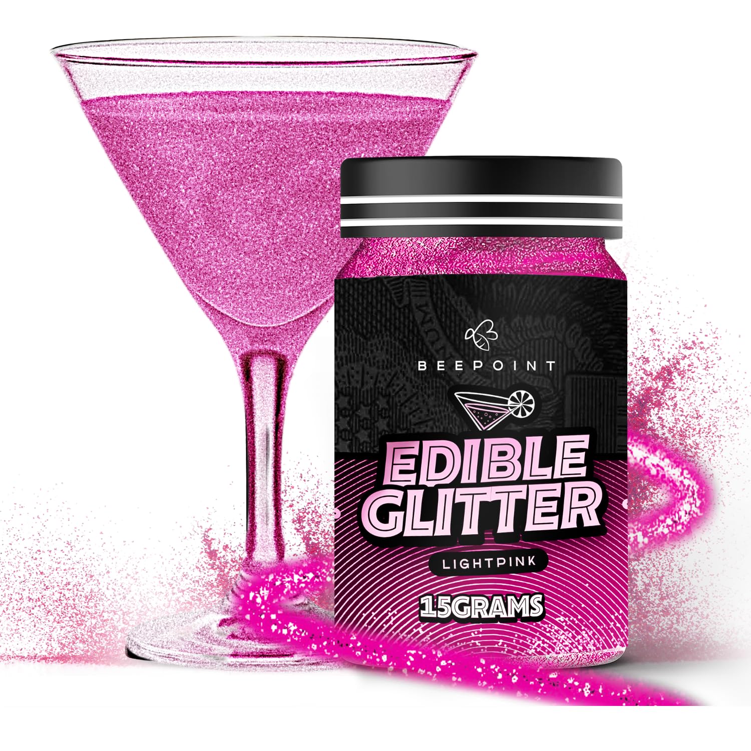 BeePoint Pink Edible Glitter for Drinks 15g - Food Grade, Vibrant Color Shimmer Powdered Dust for Drinks, Cocktails, Cake Decorating, Baking, Chocolates, Candy, Sweets, & Cookies - Vegan & Gluten Free