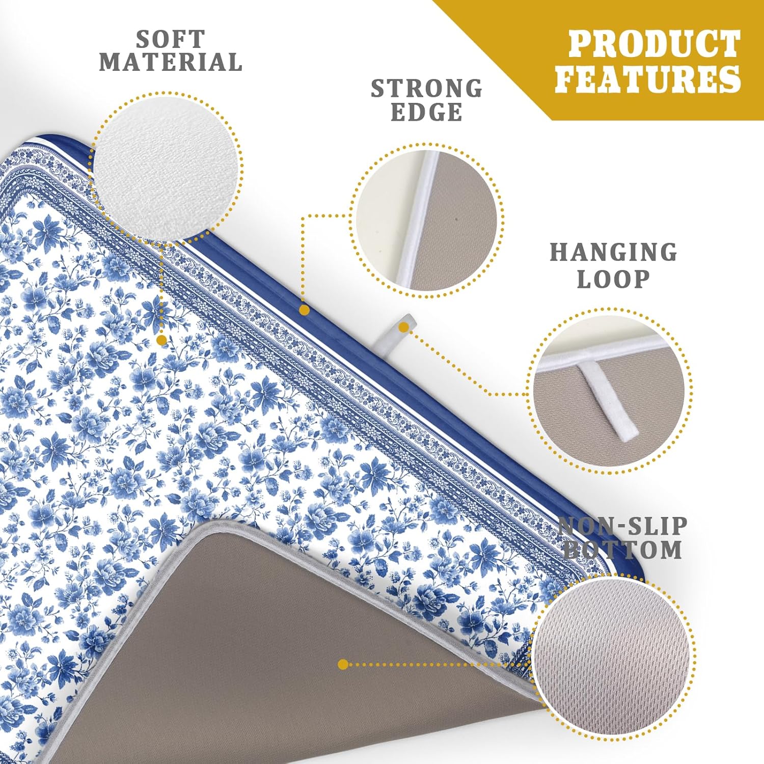 Blue Floral Branches Dish Drying Mat for Kitchen Counter Chinoiserie Pattern Dish Drying Pad 18x24 In Absorbent Vintage Flowers Decor Dishes Drainer Pad Dish Dry Rack Mat for Counter Coffee Bar