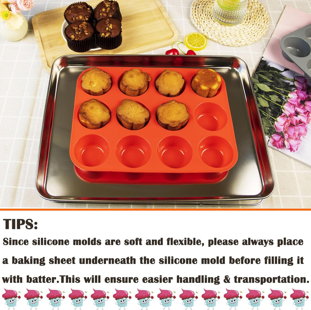 12 Cups Silicone Mini Muffin Pan Set, Nonstick Mini Cupcake Pans, BPA Free Small Muffin Tin for Baking, Set of 2 (Red+Red)