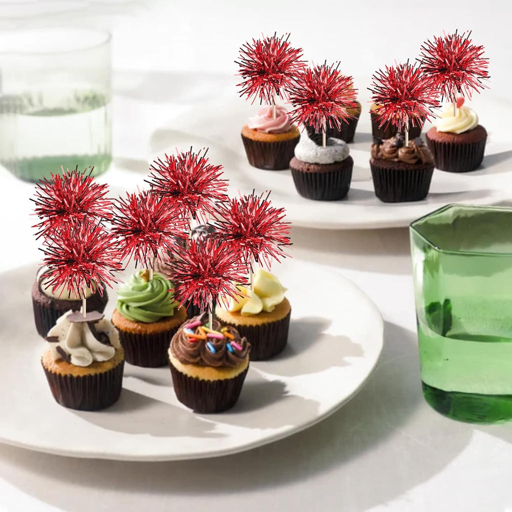 40 PCS Foil Firework Cupcake Toppers Sparkle Tinsel Cupcakae Picks Sparkler Fireworks Party Decorations Cocktail Fruit Toothpick for Birthday Wedding Graduation Party Decorations Supplies Red