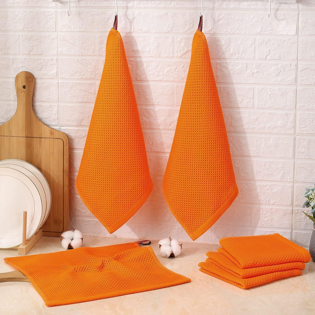 Kitinjoy 100% Cotton Kitchen Dish Cloths, 12 Pack Waffle Weave Ultra Soft Absorbent Dish Towels for Drying Dishes Quick Drying Kitchen Towels Dish Rags, 12 X 12Inch, Orange