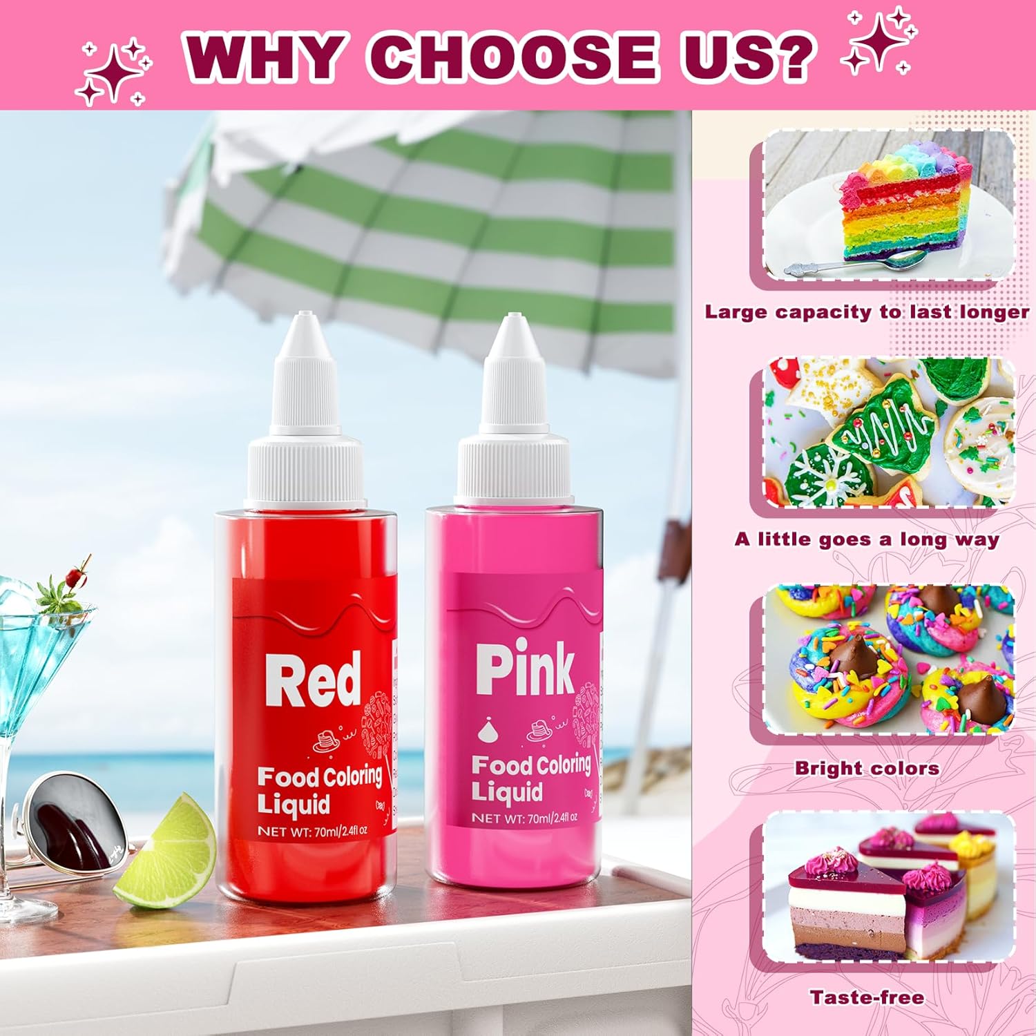 Food Coloring Liquid -10 Colors x 70ml Food Dye Set, Large Capacity Vibrant Edible Paint for Frosting, Cake Decorations, Easter Egg, Baking, Fondant, Slime Making Kit, Easy to Use - 24 Fl. oz