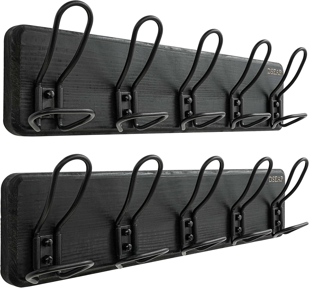 Dseap Coat Rack Wall Mounted - Heavy Duty Farmhouse Rustic Wall Coat Hanger with 5 Wire Hooks for Clothes Hat Jacket Towel, RusticWire, G25A, Black, Pack of 2
