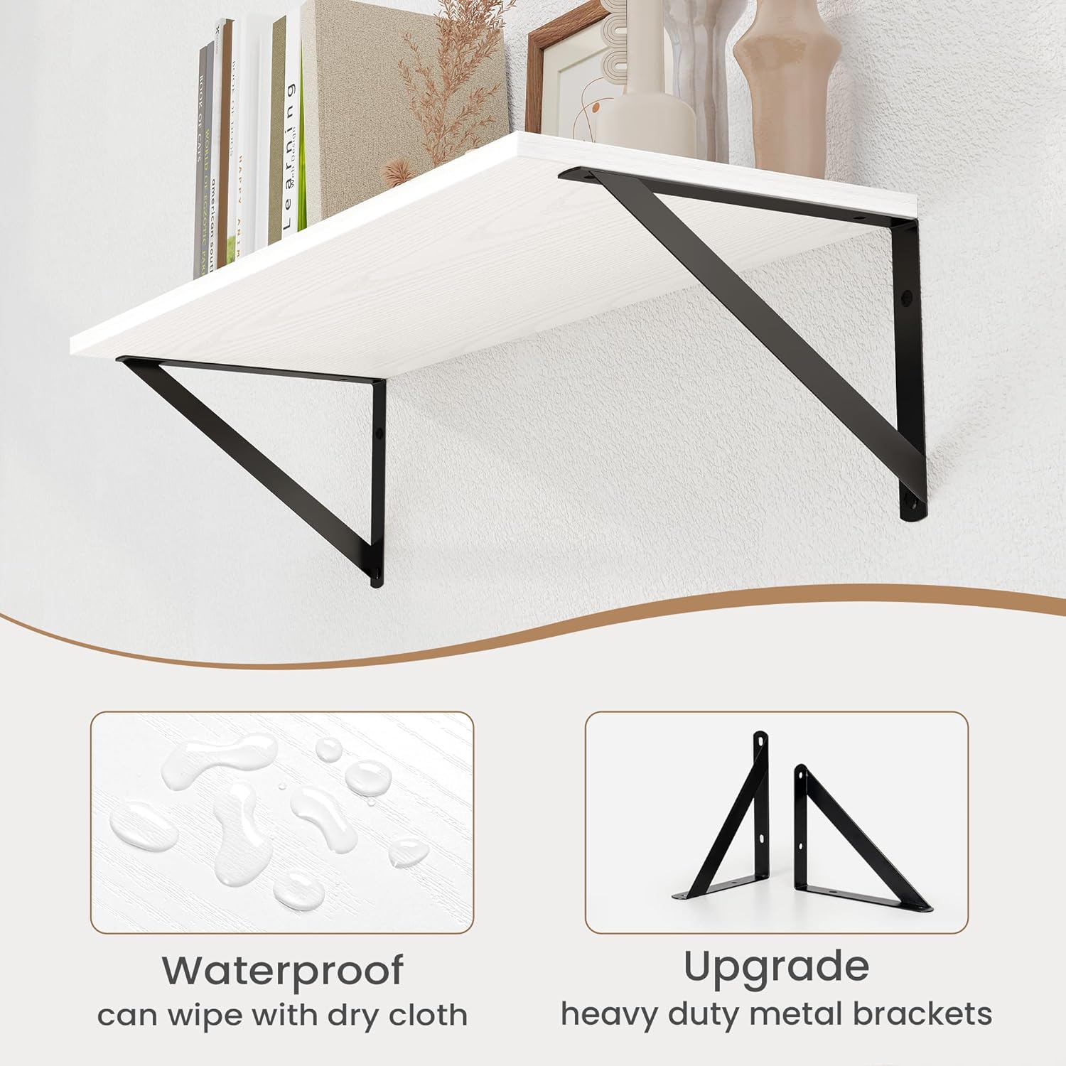 Heimlove White Deep Floating Shelves for Wall, 24W x 8D Wood Wall Shelves Set of 2, Wide Floating Bookshelf for Living Room, Kitchen, Office, Bedroom and Decor Storage, with Black Bracket - White