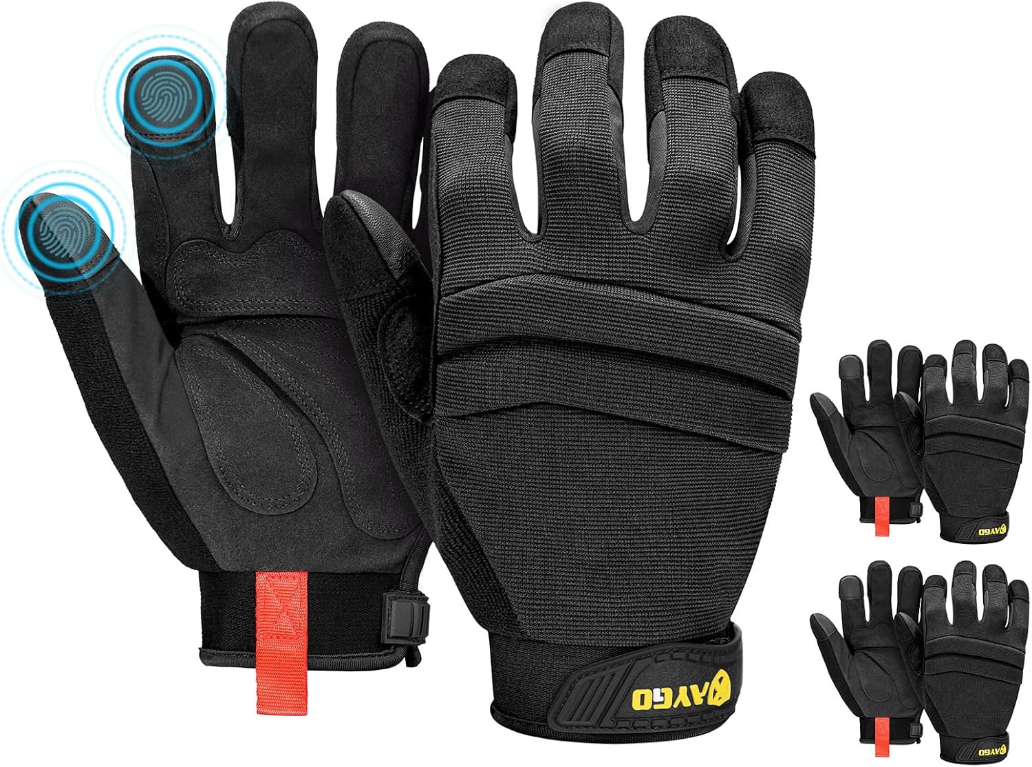 KAYGO Work Gloves For Men, KG125M Mechanic Utility Work Gloves for All Purpose, Excellent Grip, Heavy Duty, Improved Dexterity, Touch Screen,Black，L,3 Pairs