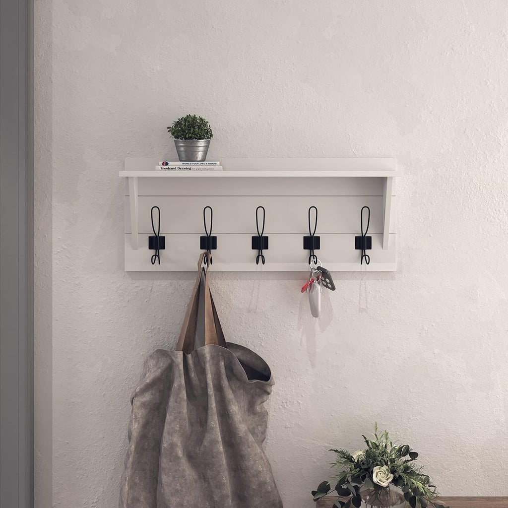 HBCY Creations 24" Wall Mounted Storage Rack - Pine Wood Construction - Solid White Finish - Upper Storage Shelf - 5 Hooks - Ideal for Entryway, Kitchen, Bathroom