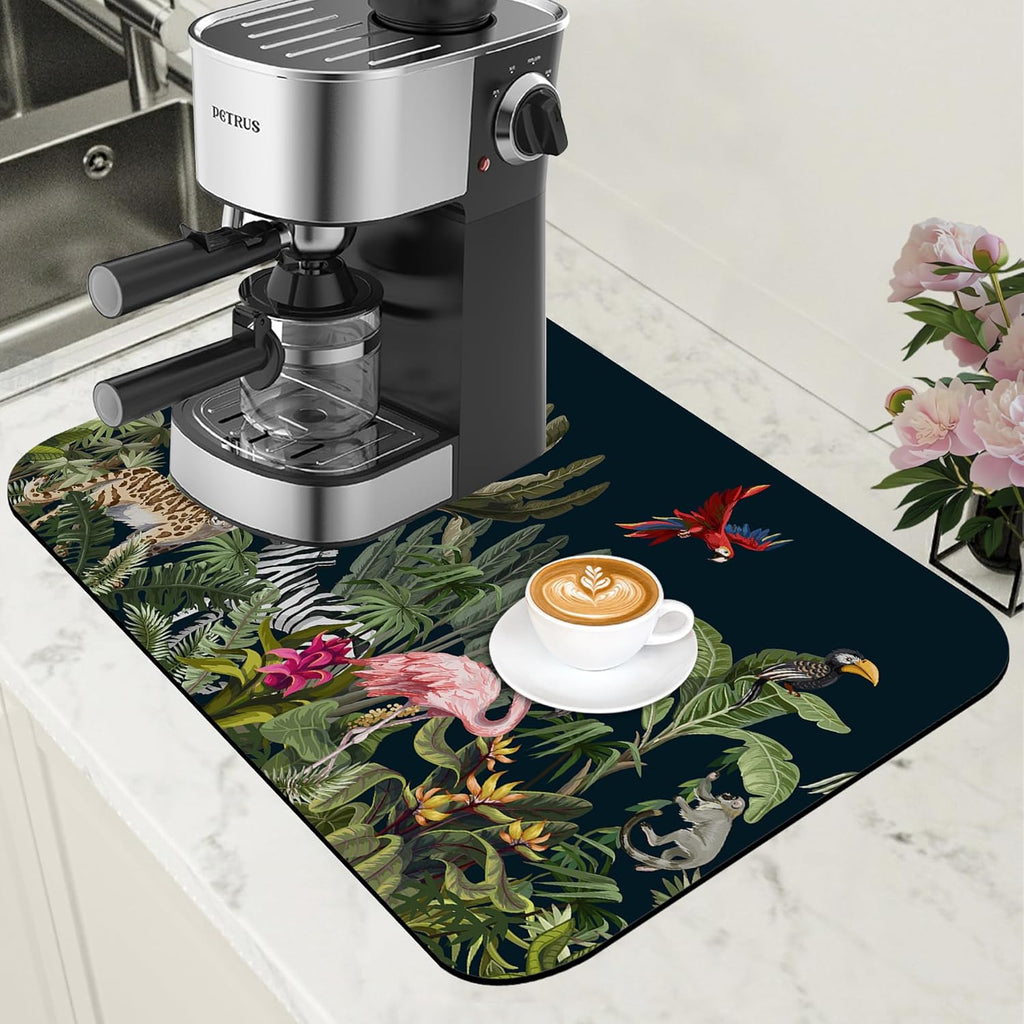 Jungle Animals Coffee Mat Tropical Dish Drying Mat for Kitchen Counter Absorbent Hide Stain Rubber Backed Coffee Bar Accessories Fit Under Espresso Machine Cafe Decor, 11.8 x 19.7 Inch