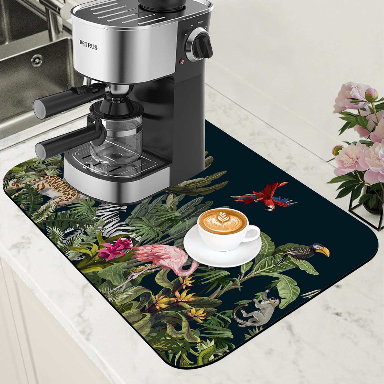 Jungle Animals Coffee Mat Tropical Dish Drying Mat for Kitchen Counter Absorbent Hide Stain Rubber Backed Coffee Bar Accessories Fit Under Espresso Machine Cafe Decor, 11.8 x 19.7 Inch